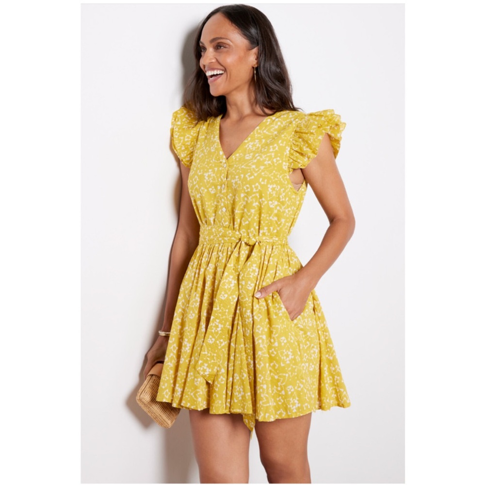CLEOBELLA Zia Organic CottonRuffle Tie Waist Mini Dress in Mustard